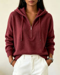 Drop Shoulder Hooded Sweater With Quarter Zip - Wine-Red