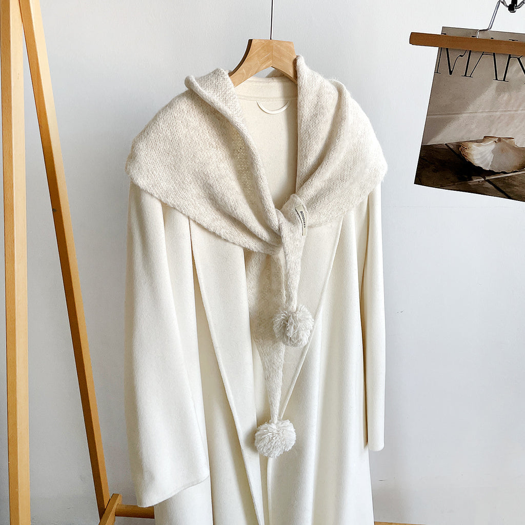 Knit Triangle Scarf Shawl With Pom Pom Tails - Beige