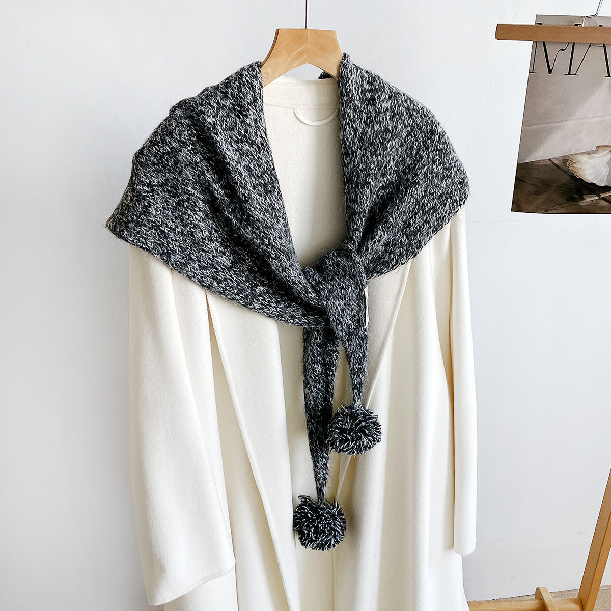 Knit Triangle Scarf Shawl With Pom Pom Tails - Black