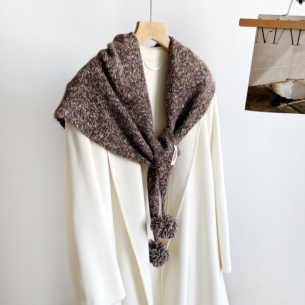 Knit Triangle Scarf Shawl With Pom Pom Tails - Coffee