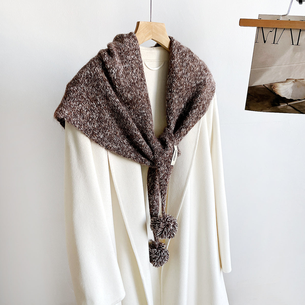 Knit Triangle Scarf Shawl With Pom Pom Tails - Coffee
