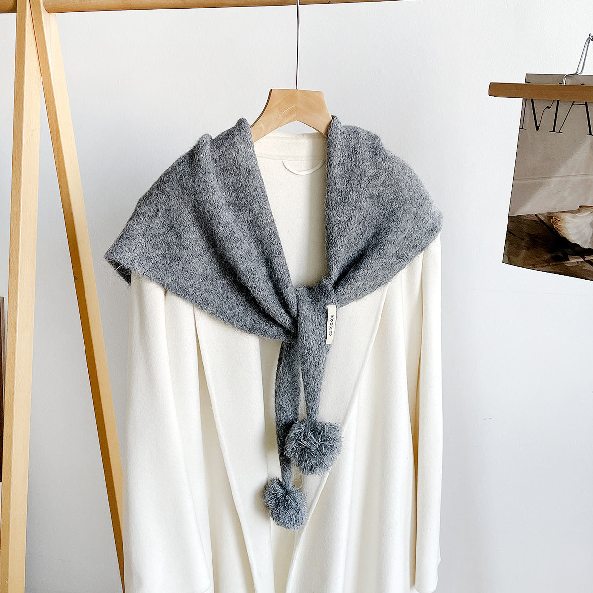 Knit Triangle Scarf Shawl With Pom Pom Tails - DarkGrey