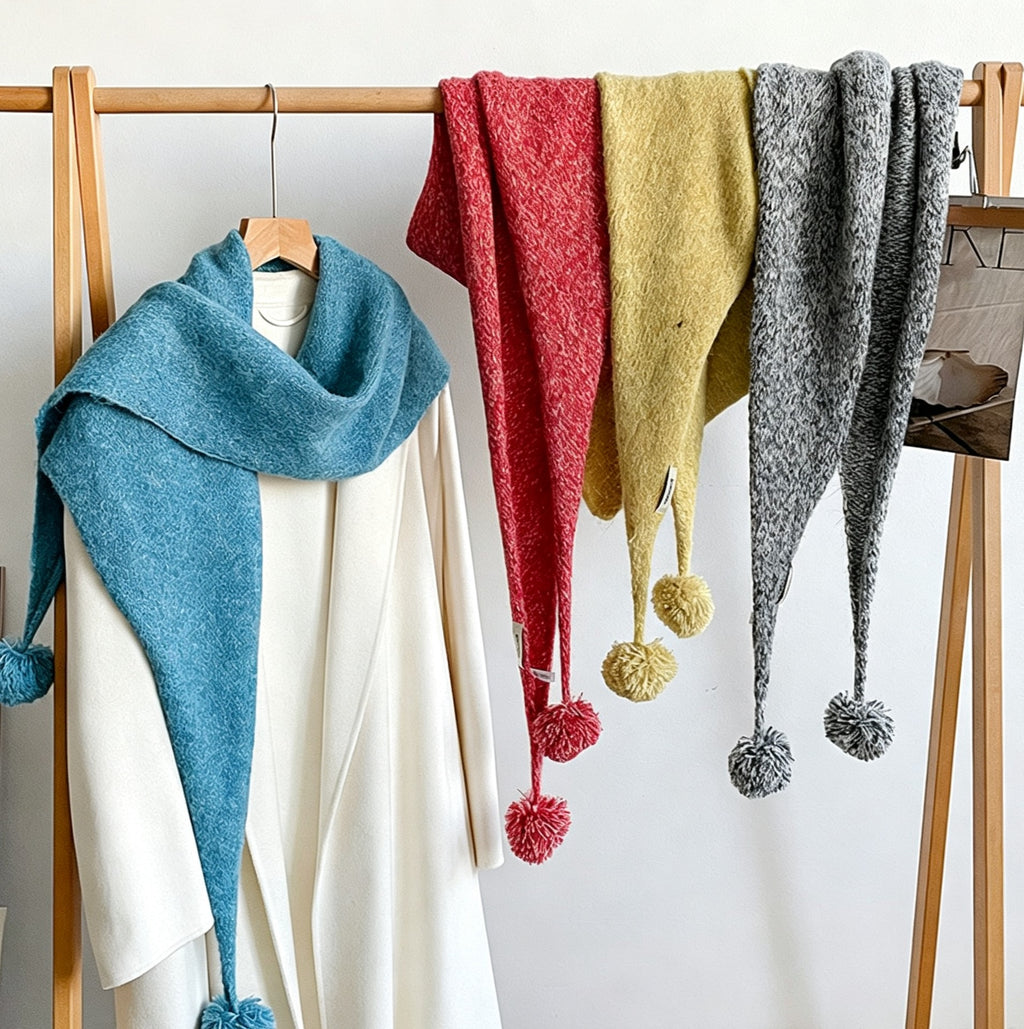 Knit Triangle Scarf Shawl With Pom Pom Tails - DarkGrey - 1