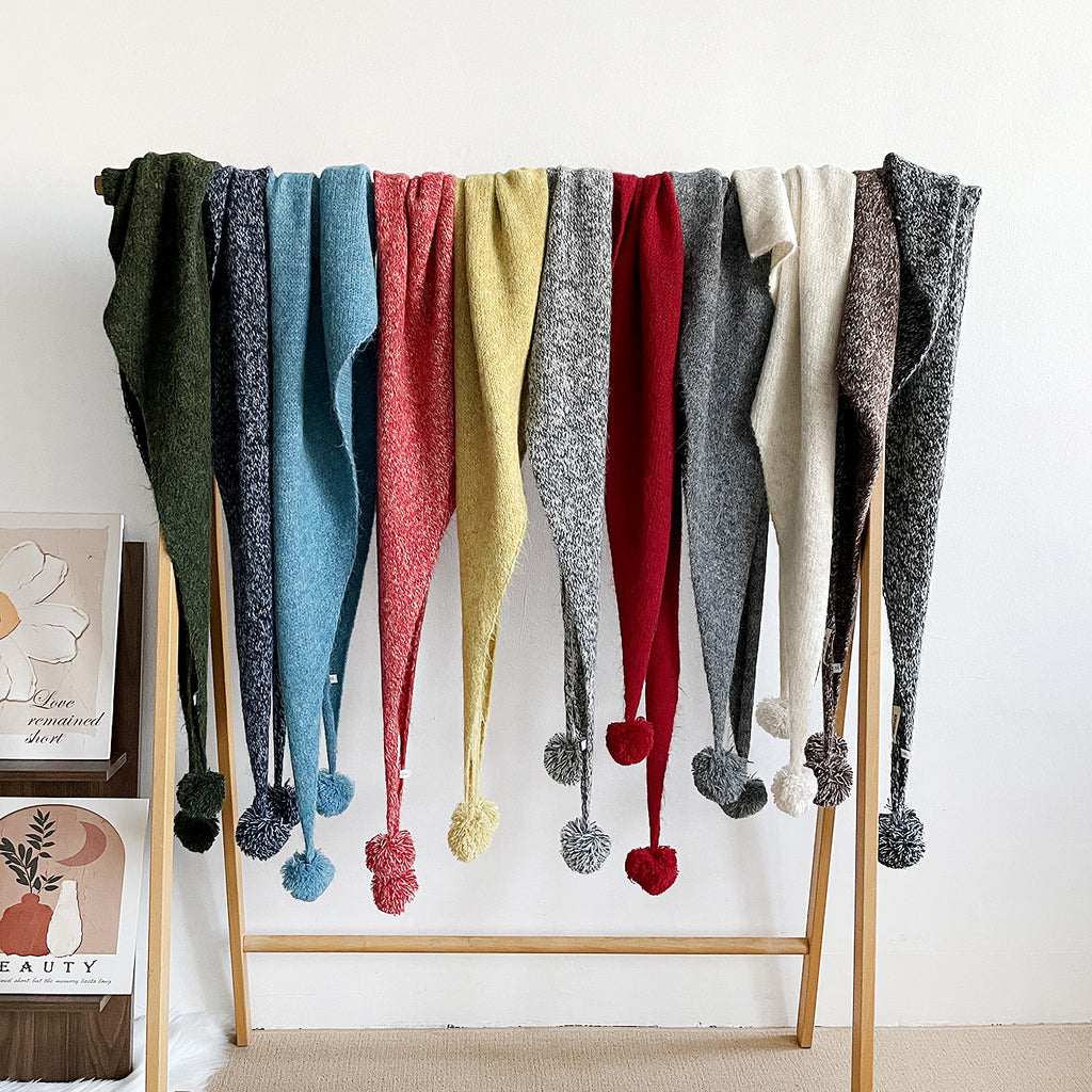 Knit Triangle Scarf Shawl With Pom Pom Tails - DarkGrey - 2