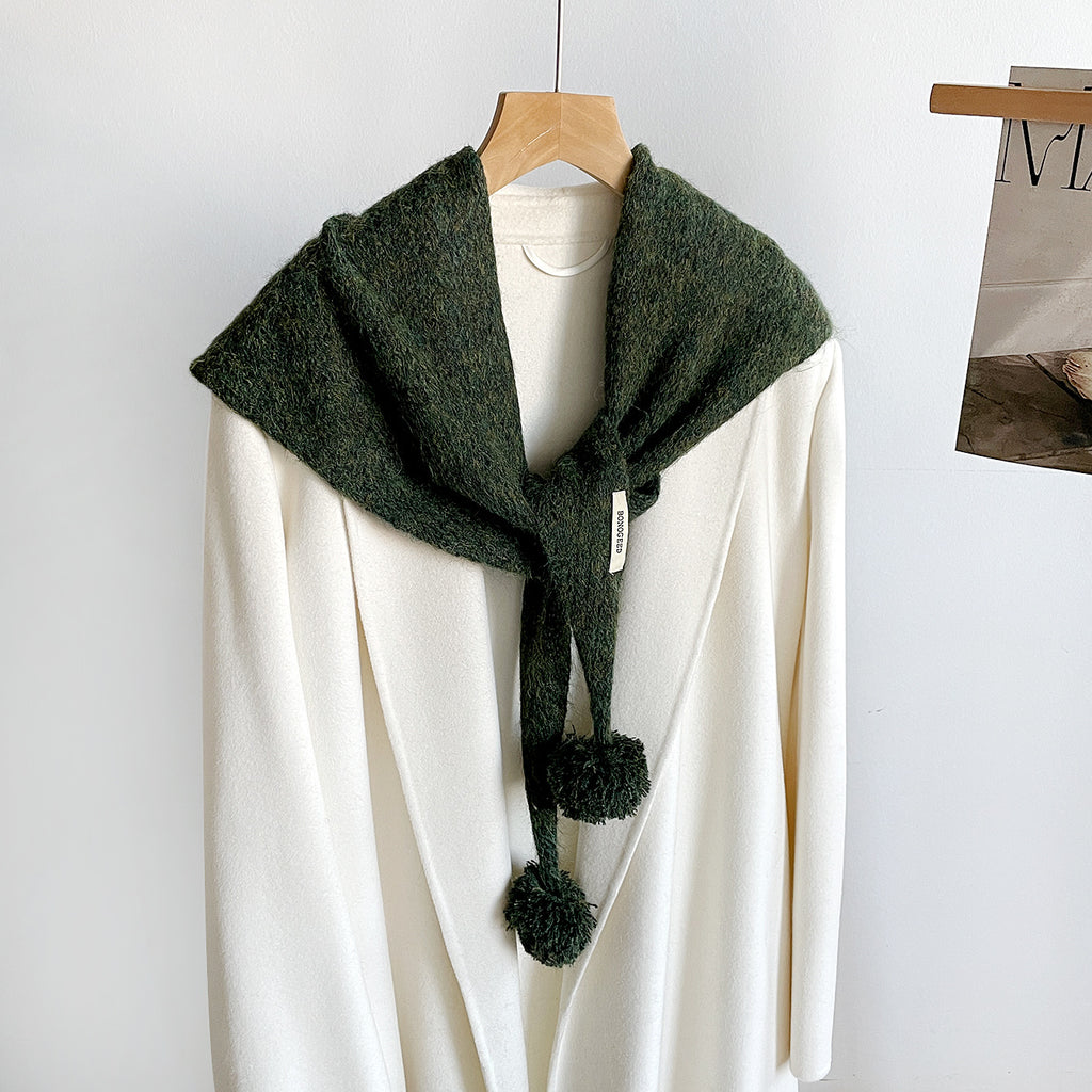 Knit Triangle Scarf Shawl With Pom Pom Tails - Green