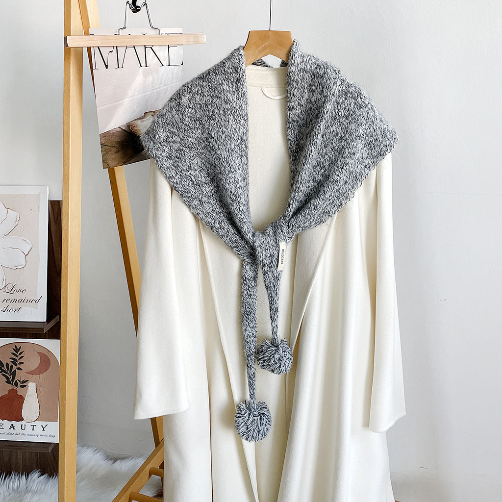 Knit Triangle Scarf Shawl With Pom Pom Tails - Grey