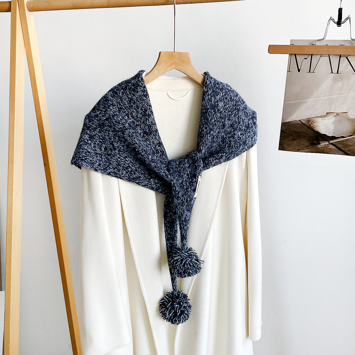 Knit Triangle Scarf Shawl With Pom Pom Tails - NavyBlue