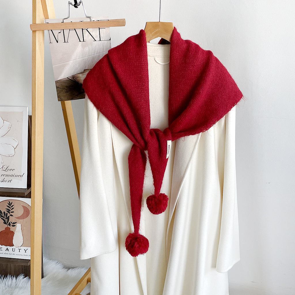 Knit Triangle Scarf Shawl With Pom Pom Tails - Red