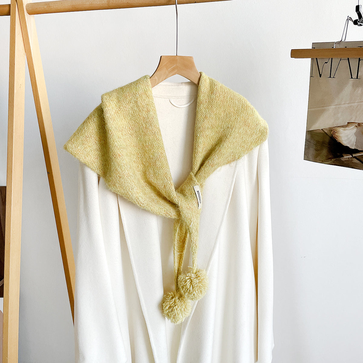 Knit Triangle Scarf Shawl With Pom Pom Tails - Yellow