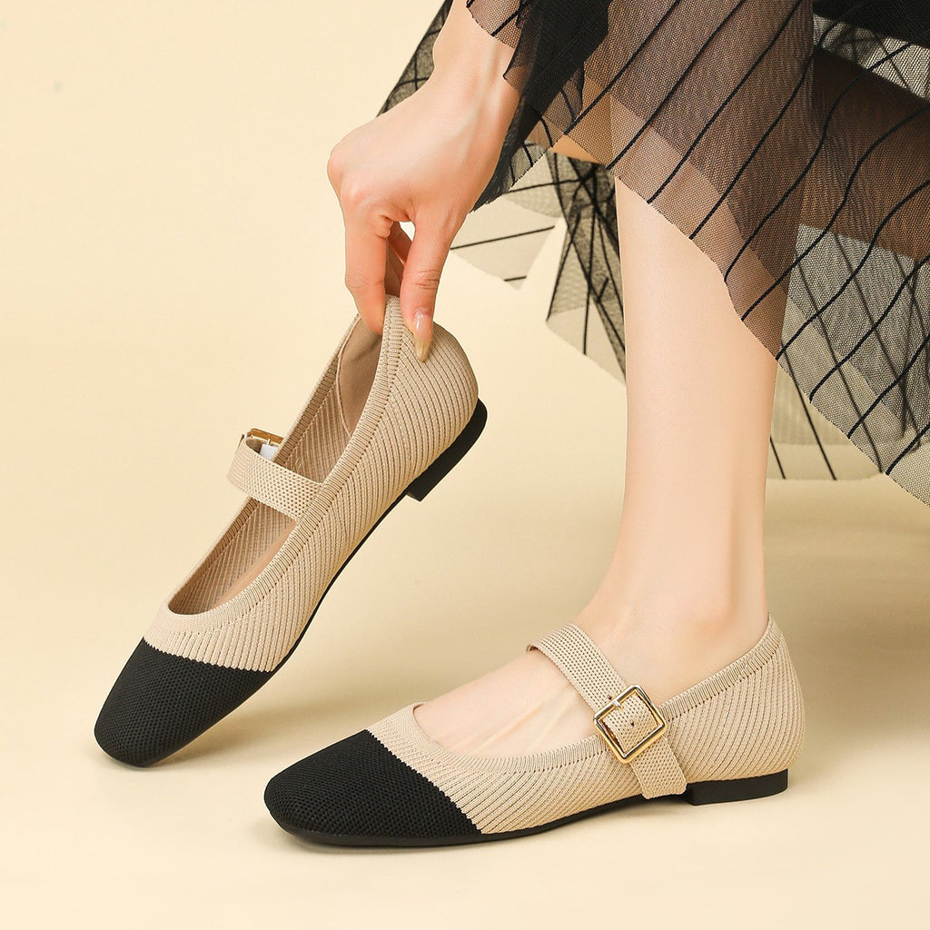 Breathable Knit Square Toe Mary Jane Flats - Beige Black