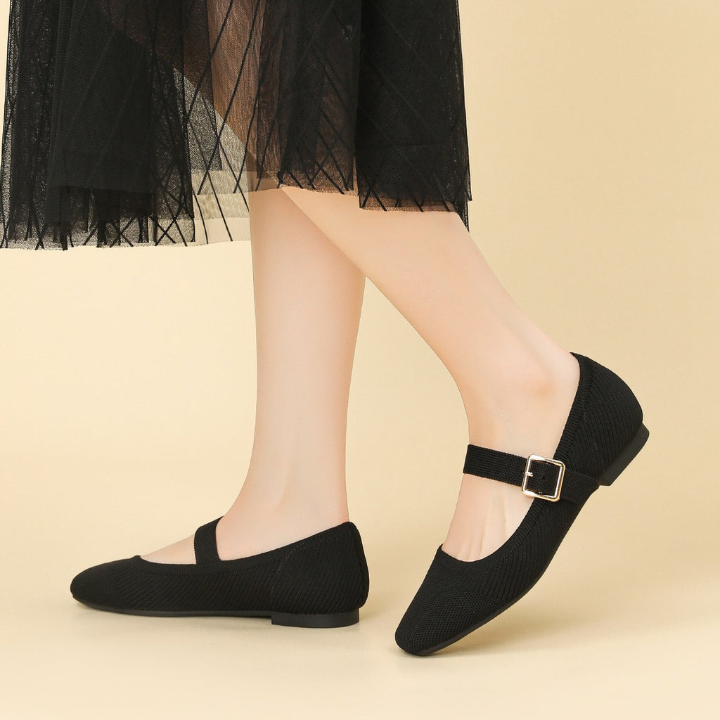 Breathable Knit Square Toe Mary Jane Flats - Black