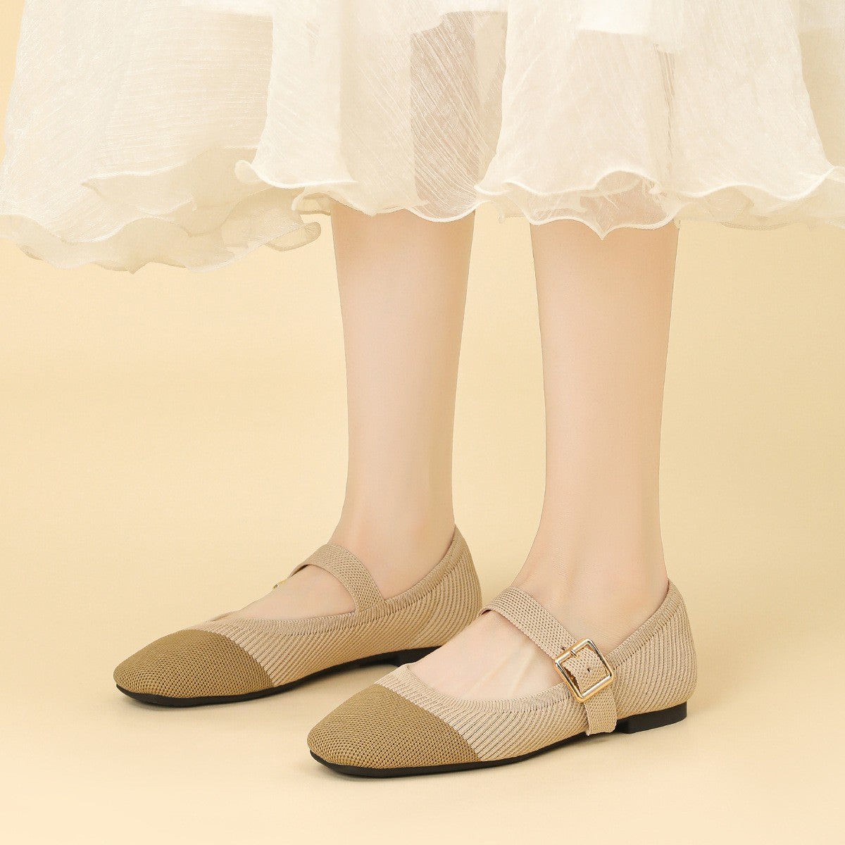 Breathable Knit Square Toe Mary Jane Flats - Olive Beige