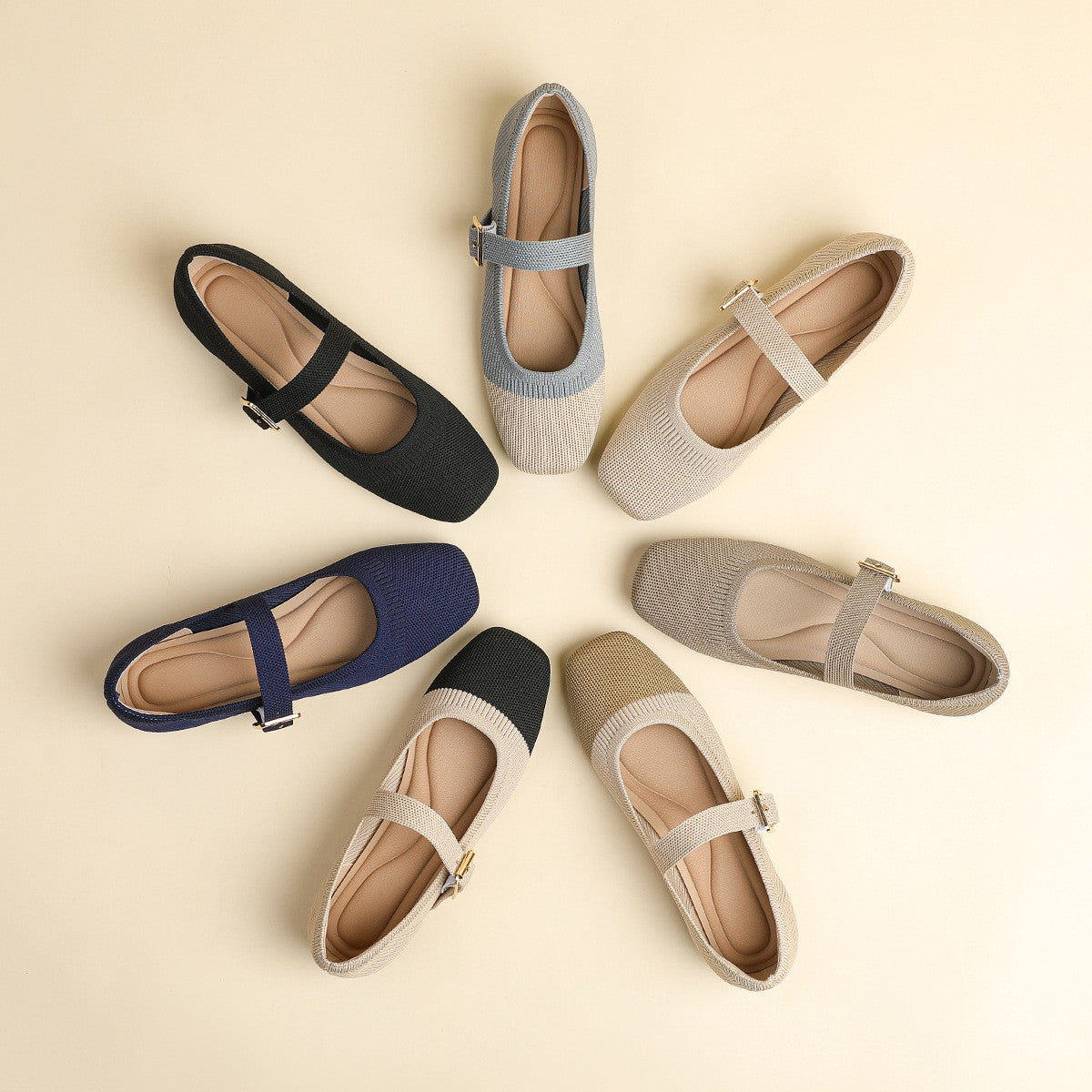 Breathable Knit Square Toe Mary Jane Flats