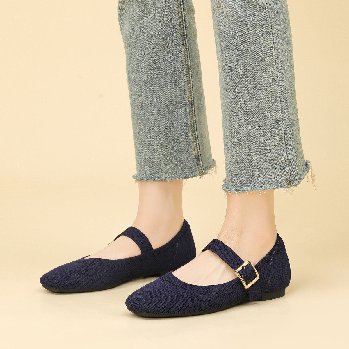 Breathable Knit Square Toe Mary Jane Flats
