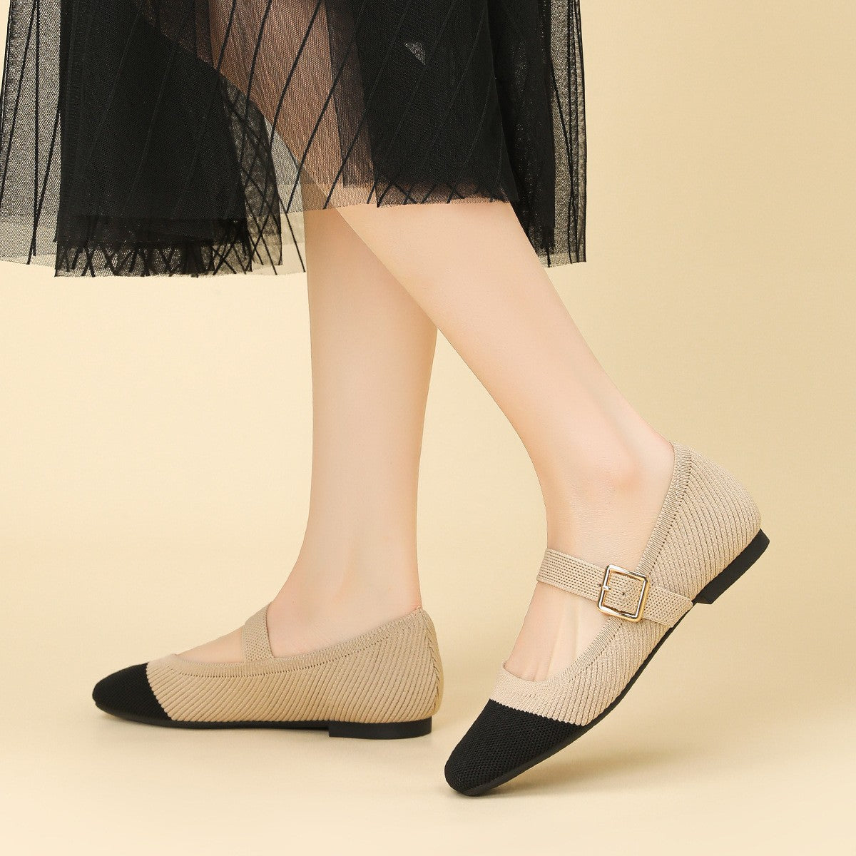Breathable Knit Square Toe Mary Jane Flats