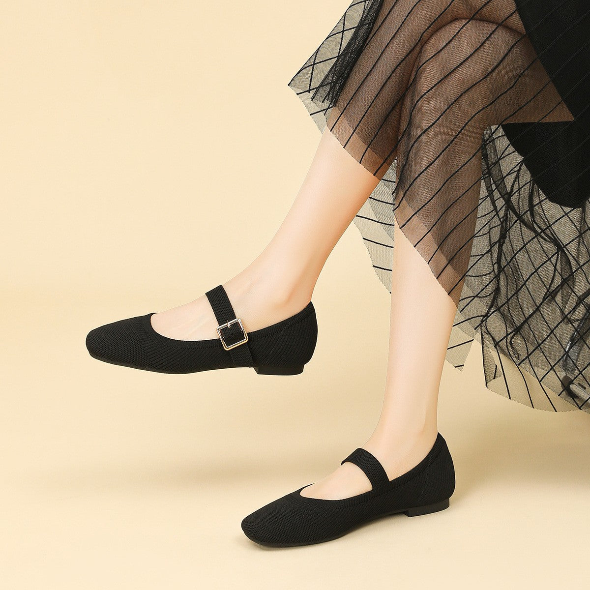 Breathable Knit Square Toe Mary Jane Flats