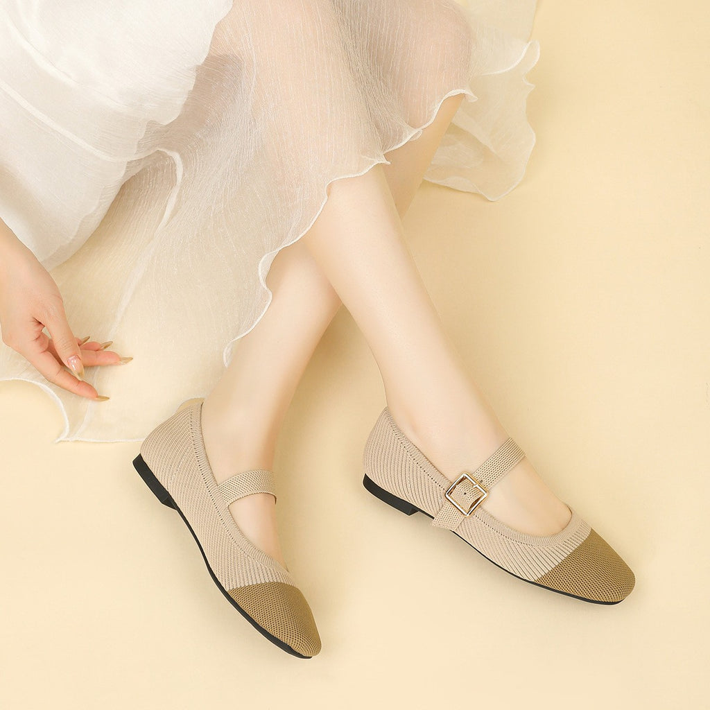 Breathable Knit Square Toe Mary Jane Flats