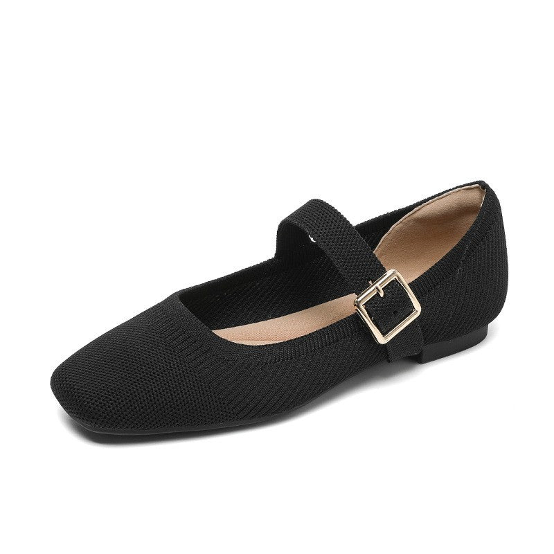 Breathable Knit Square Toe Mary Jane Flats