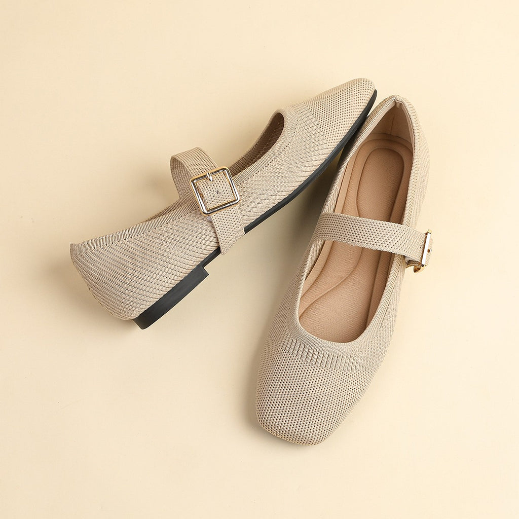 Breathable Knit Square Toe Mary Jane Flats