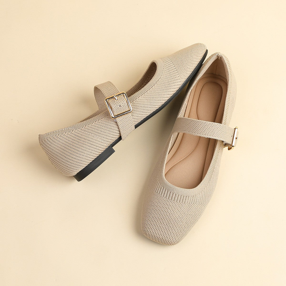 Breathable Knit Square Toe Mary Jane Flats