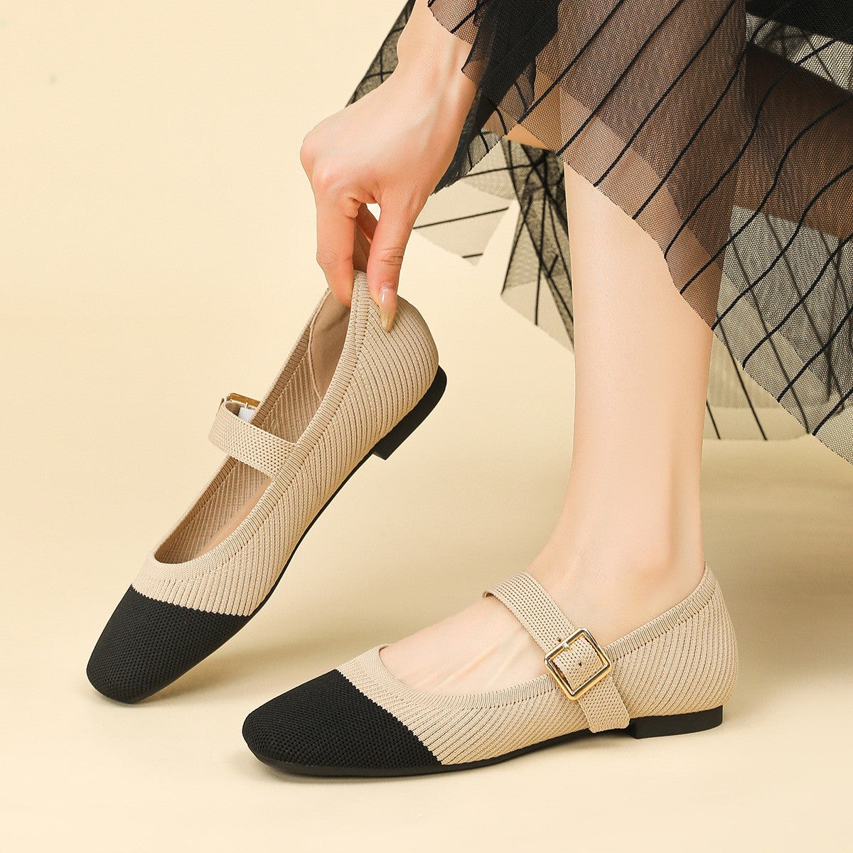 Breathable Knit Square Toe Mary Jane Flats