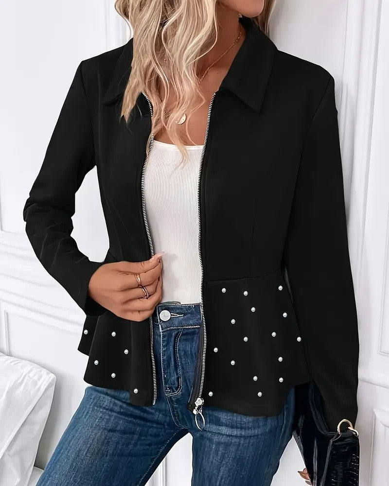 Pearl Trim Peplum Zip Up Jacket - Black - 1