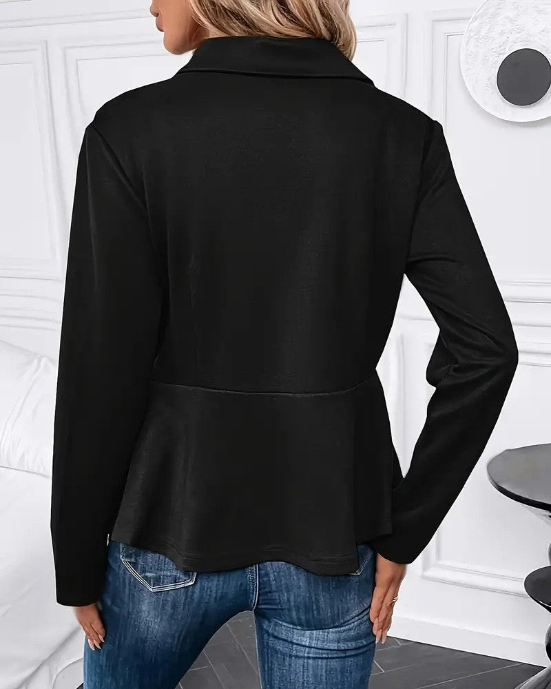 Pearl Trim Peplum Zip Up Jacket - Black - 2