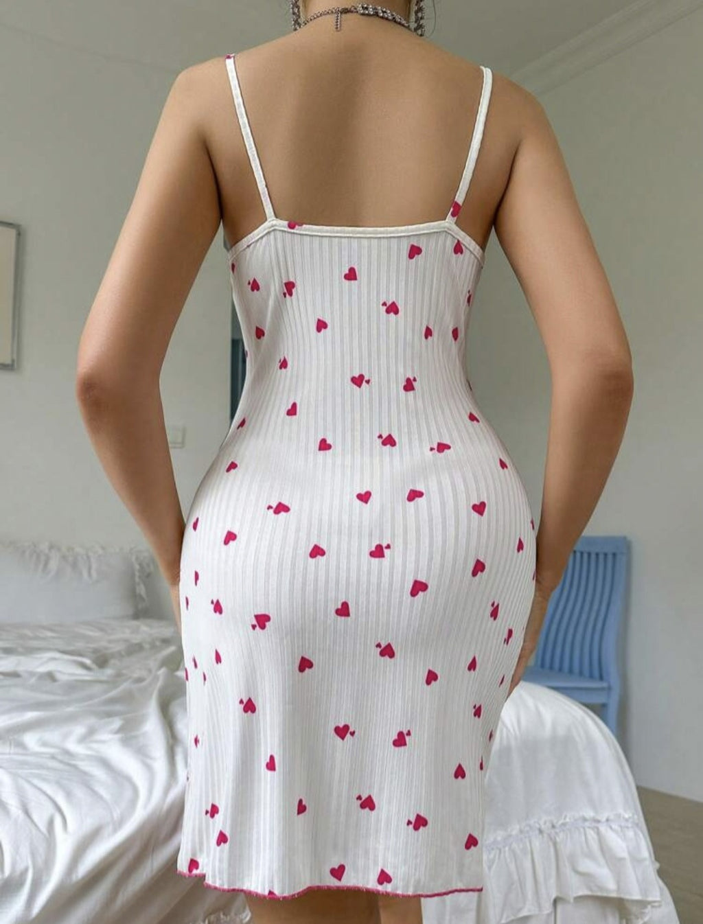 Ribbed Heart Print Lace Trim Lounge Slip - fuchsia - 2