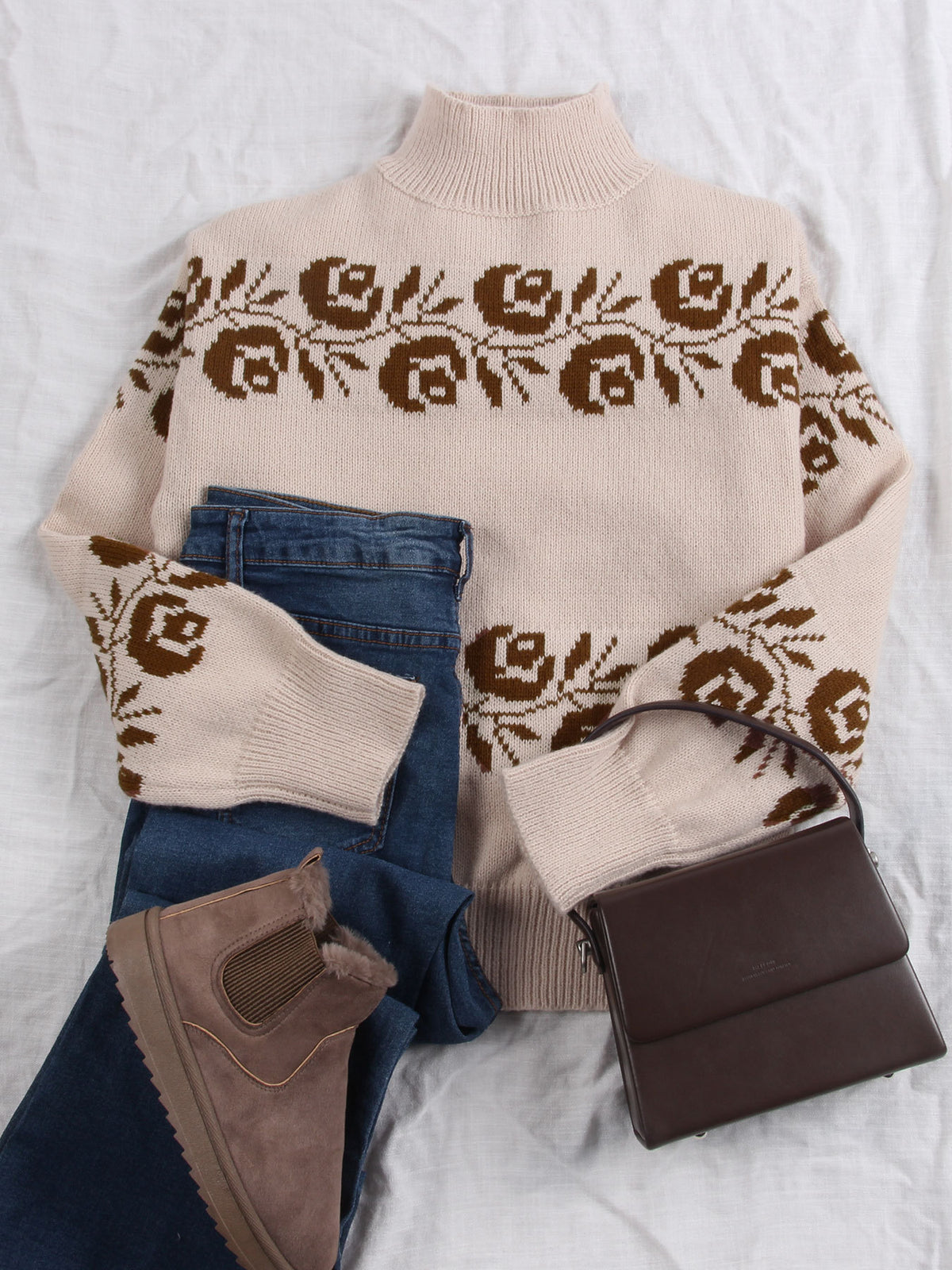 Retro Blooming Rose Jacquard Knit Sweater - Floral