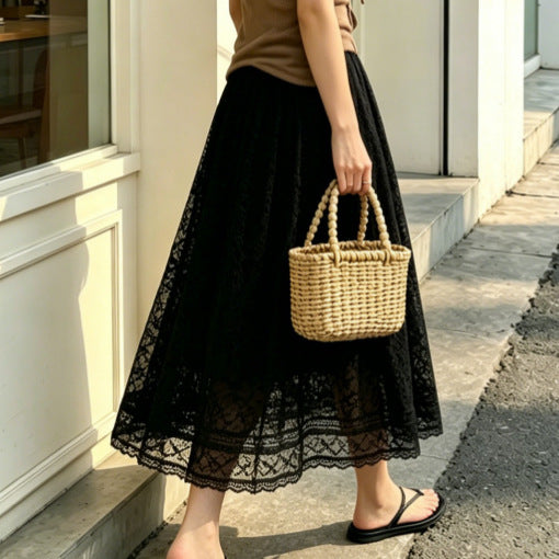 Sheer Lace Maxi Skirt With Ruffle Overlay - Black