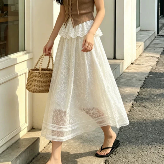 Sheer Lace Maxi Skirt With Ruffle Overlay - White - 1