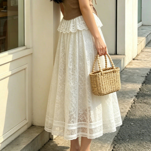 Sheer Lace Maxi Skirt With Ruffle Overlay - White - 2