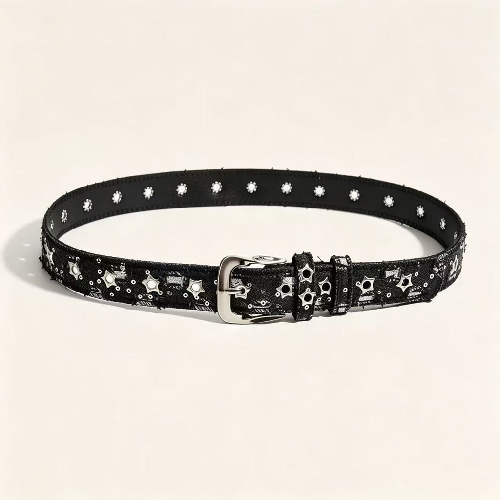 Star Stud Eyelet Denim Style Belt - Black