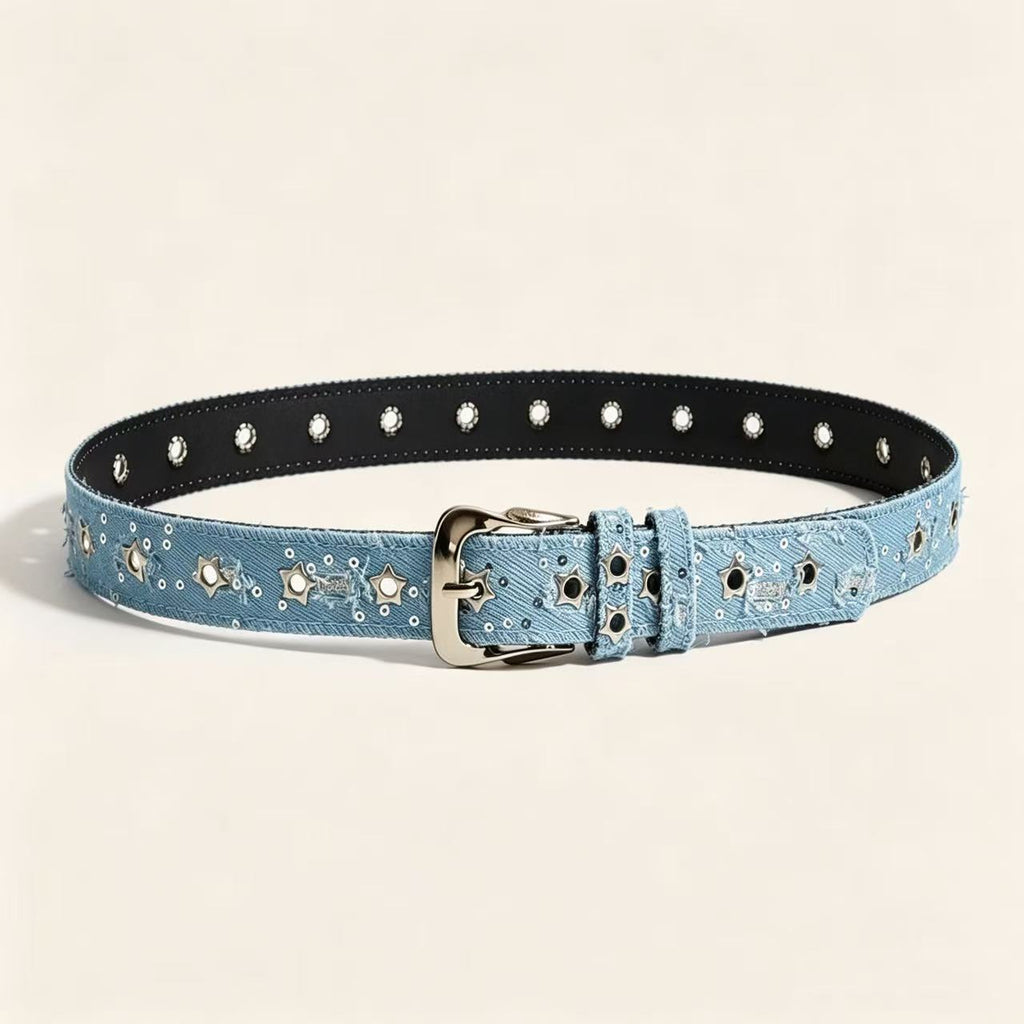 Star Stud Eyelet Denim Style Belt - Blue