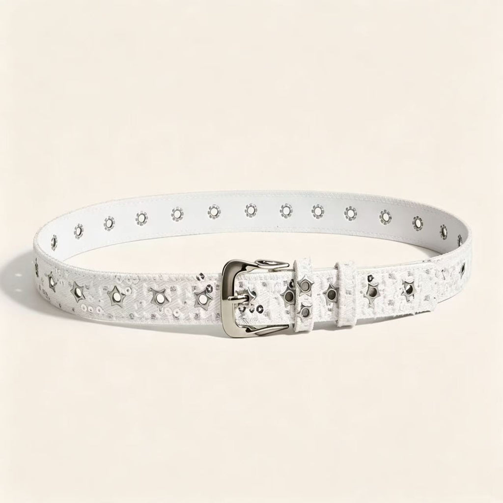 Star Stud Eyelet Denim Style Belt - White