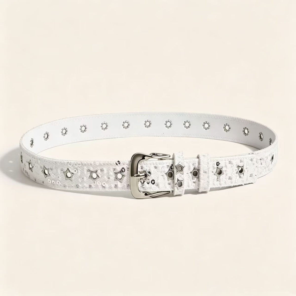 Star Stud Eyelet Denim Style Belt - White