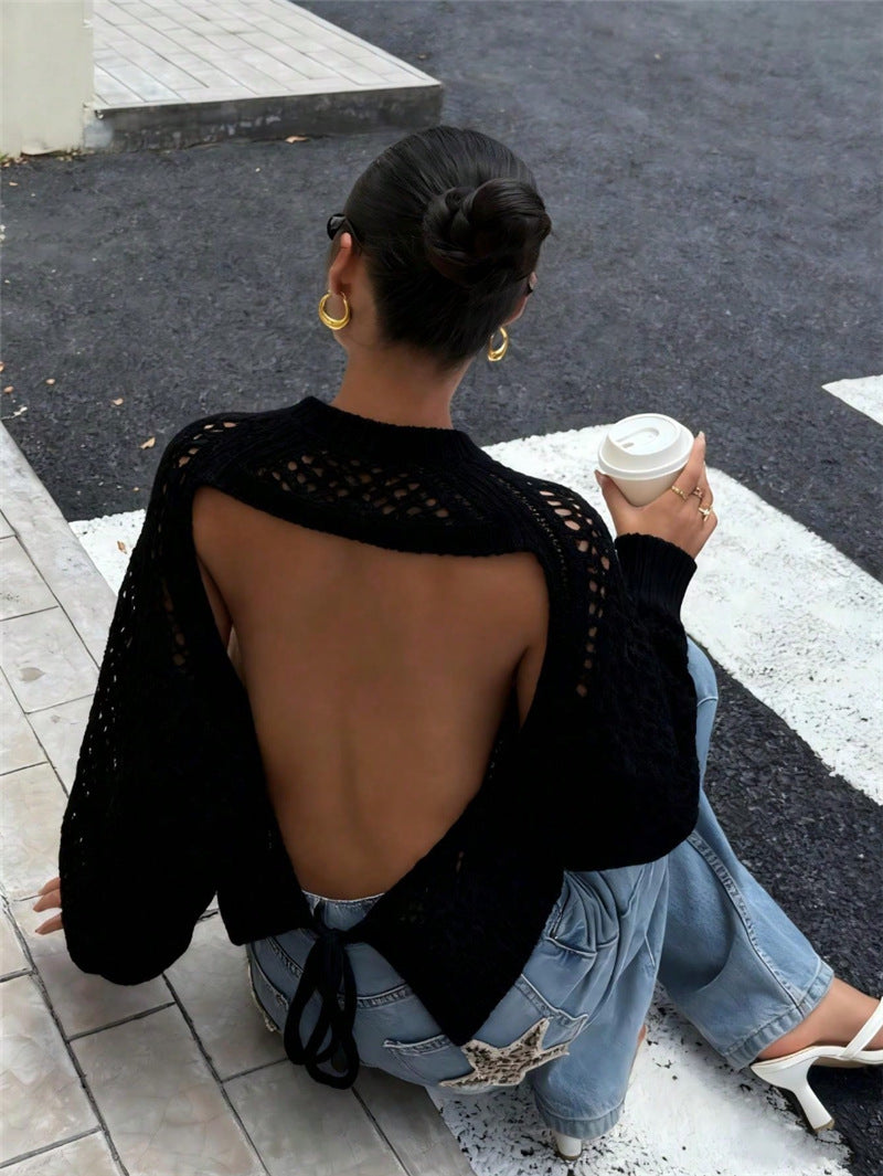 Pointelle Open Knit Backless Cropped Sweater - black