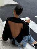 Pointelle Open Knit Backless Cropped Sweater - black