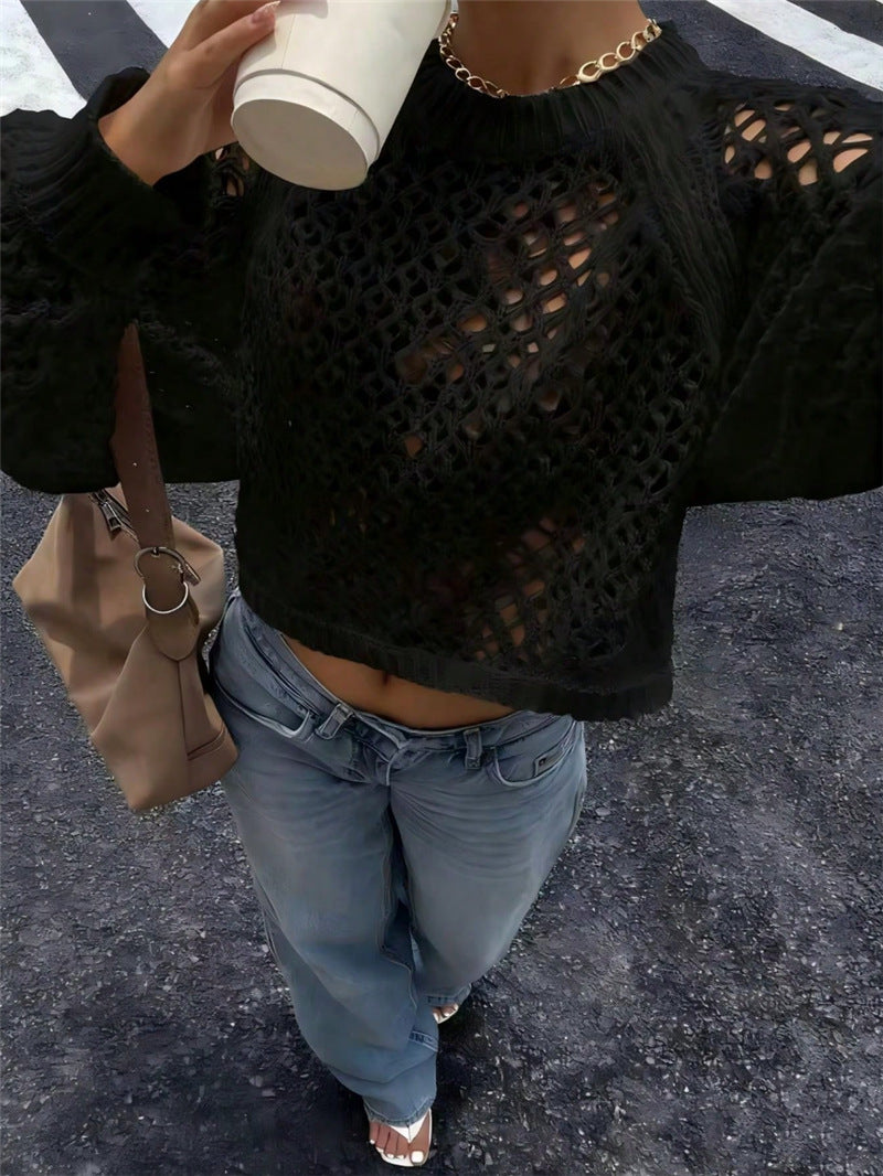 Pointelle Open Knit Backless Cropped Sweater - black - 1
