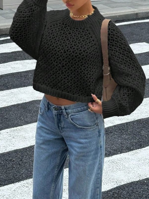 Pointelle Open Knit Backless Cropped Sweater - black - 4