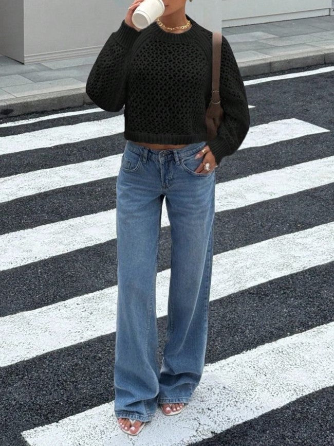 Pointelle Open Knit Backless Cropped Sweater - black - 5