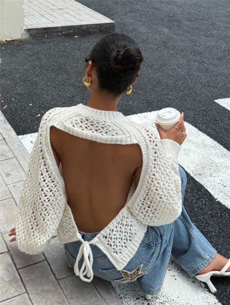 Pointelle Open Knit Backless Cropped Sweater - white