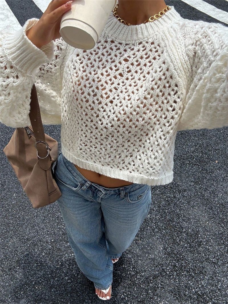 Pointelle Open Knit Backless Cropped Sweater - white - 1