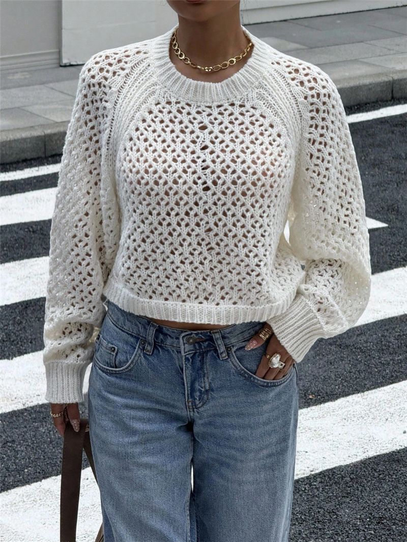 Pointelle Open Knit Backless Cropped Sweater - white - 4
