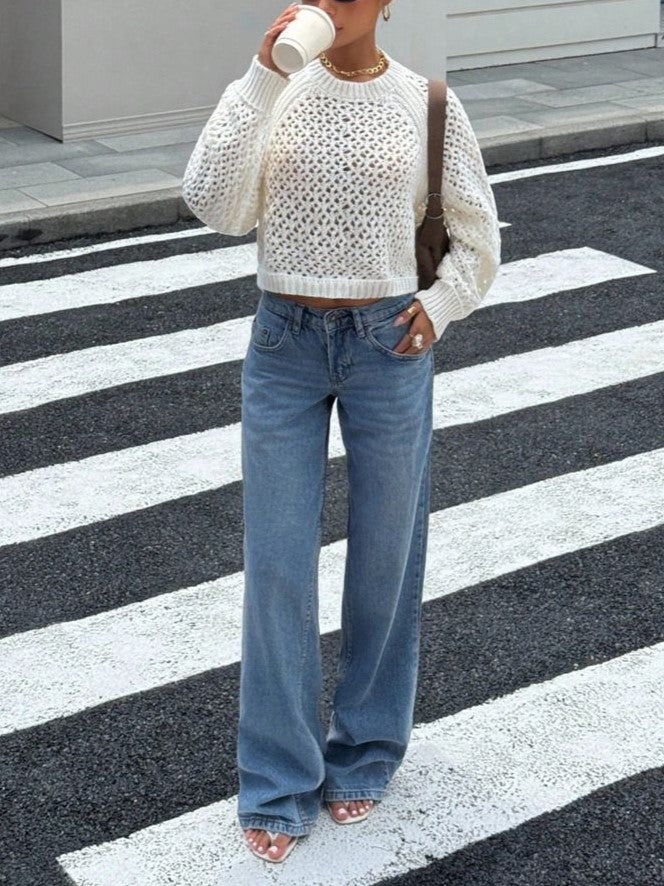 Pointelle Open Knit Backless Cropped Sweater - white - 5