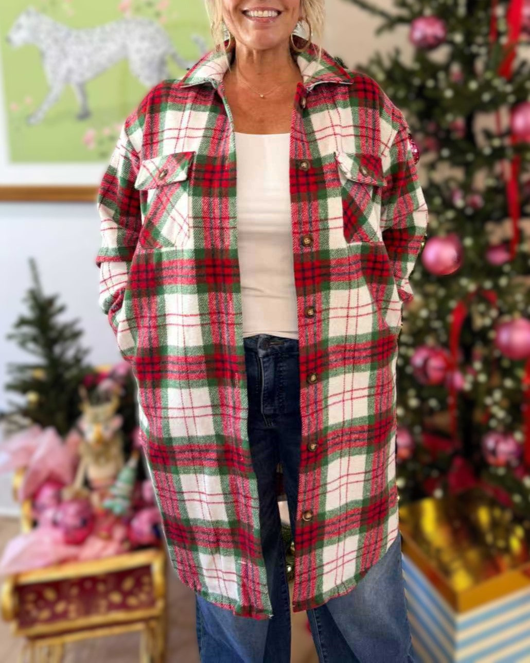 Tartan Plaid Longline Shirt Jacket - Red