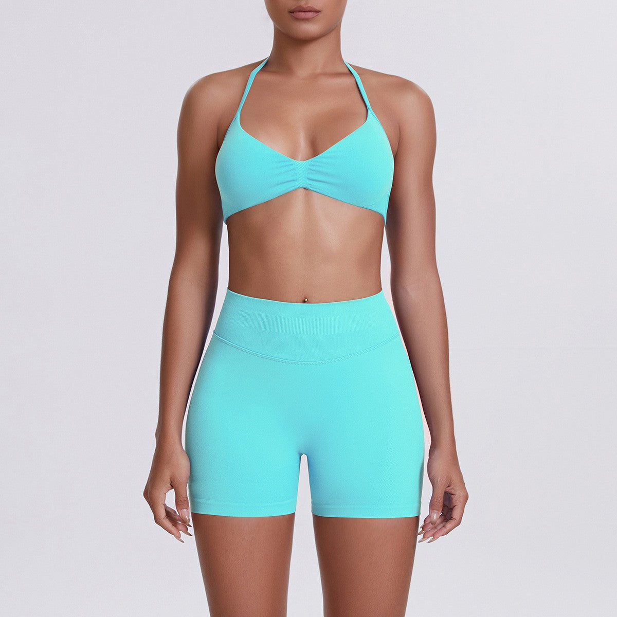 Seamless Halter Bra and Biker Shorts Workout Set - Aqua