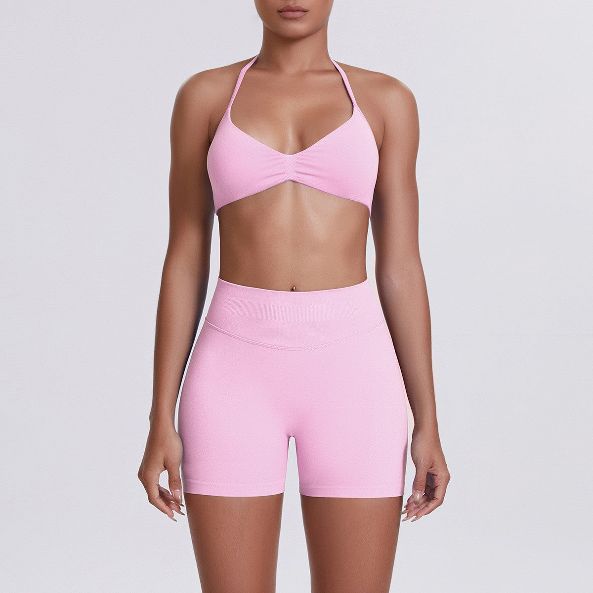 Seamless Halter Bra and Biker Shorts Workout Set - Barbie Pink