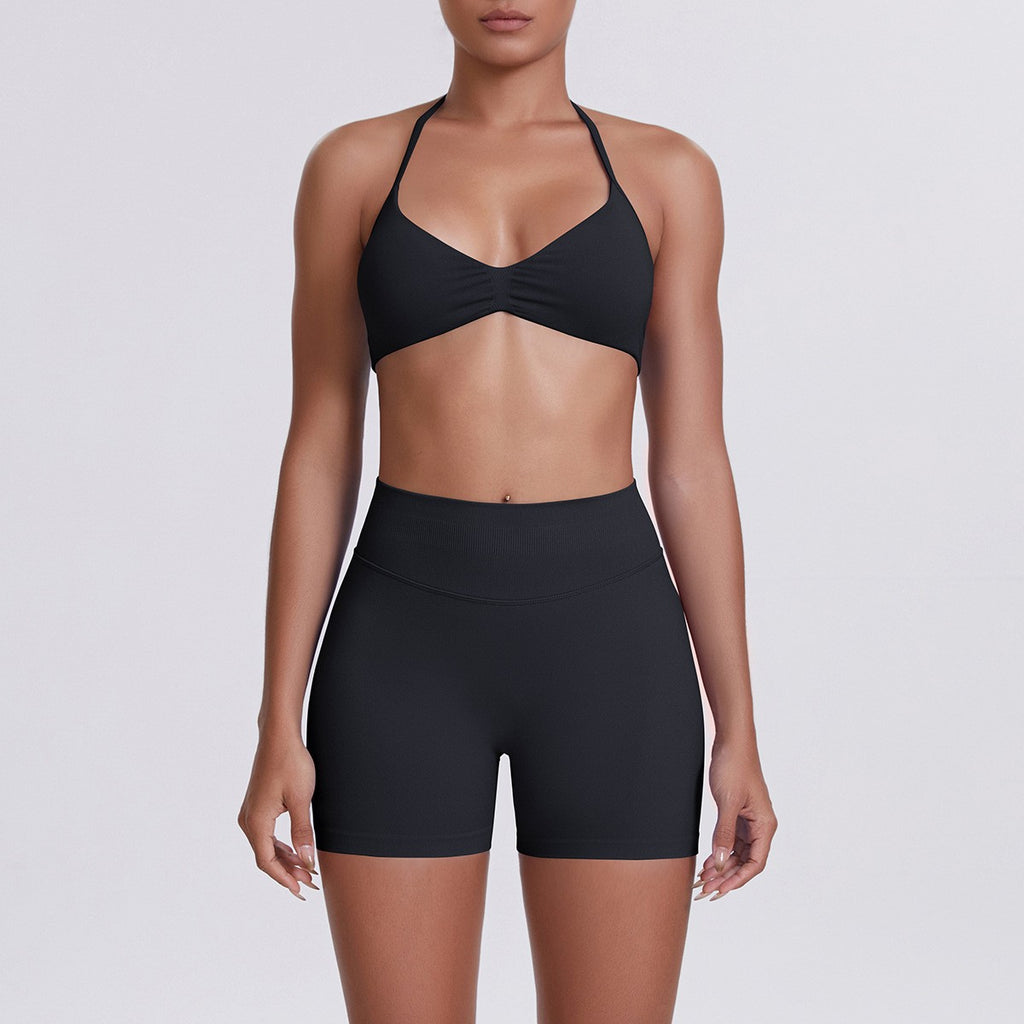 Seamless Halter Bra and Biker Shorts Workout Set - Black