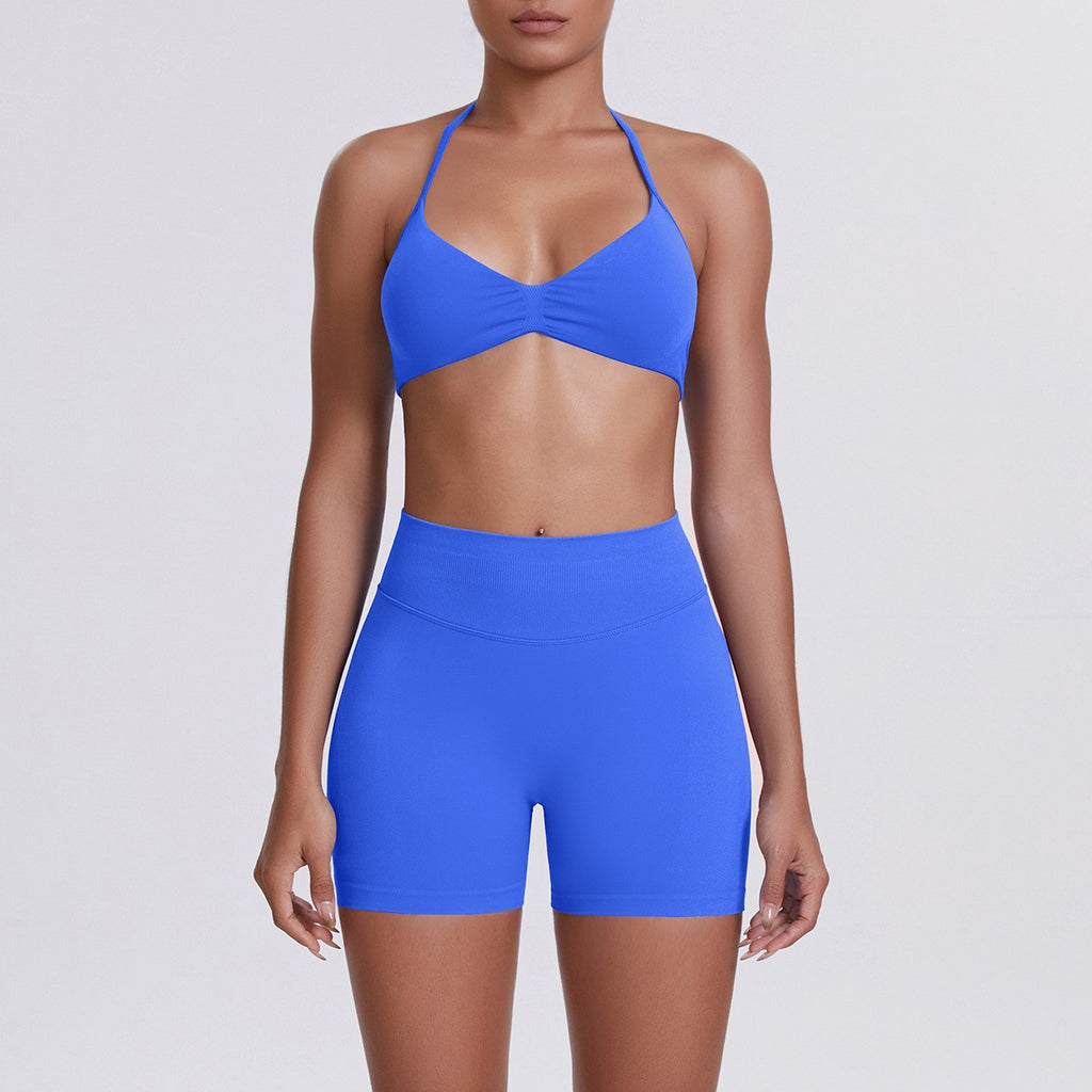 Seamless Halter Bra and Biker Shorts Workout Set - Electric Blue